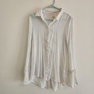 Kori White Button-Front Ruffle Polka Dot Blouse